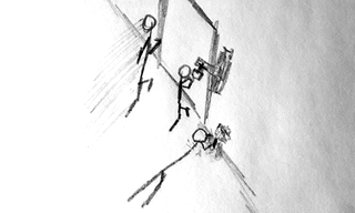 Shows three figures around the door: one is running toward the door, one is picking the lock, and one is cutting the wall.