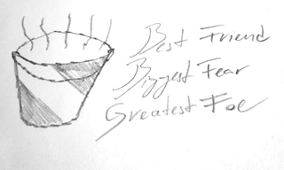 A picture of a bucket and some curly lines above it showing the odor. Three short lines are written next to it: "Best Friend, Biggest Fear, Greatest Foe"
